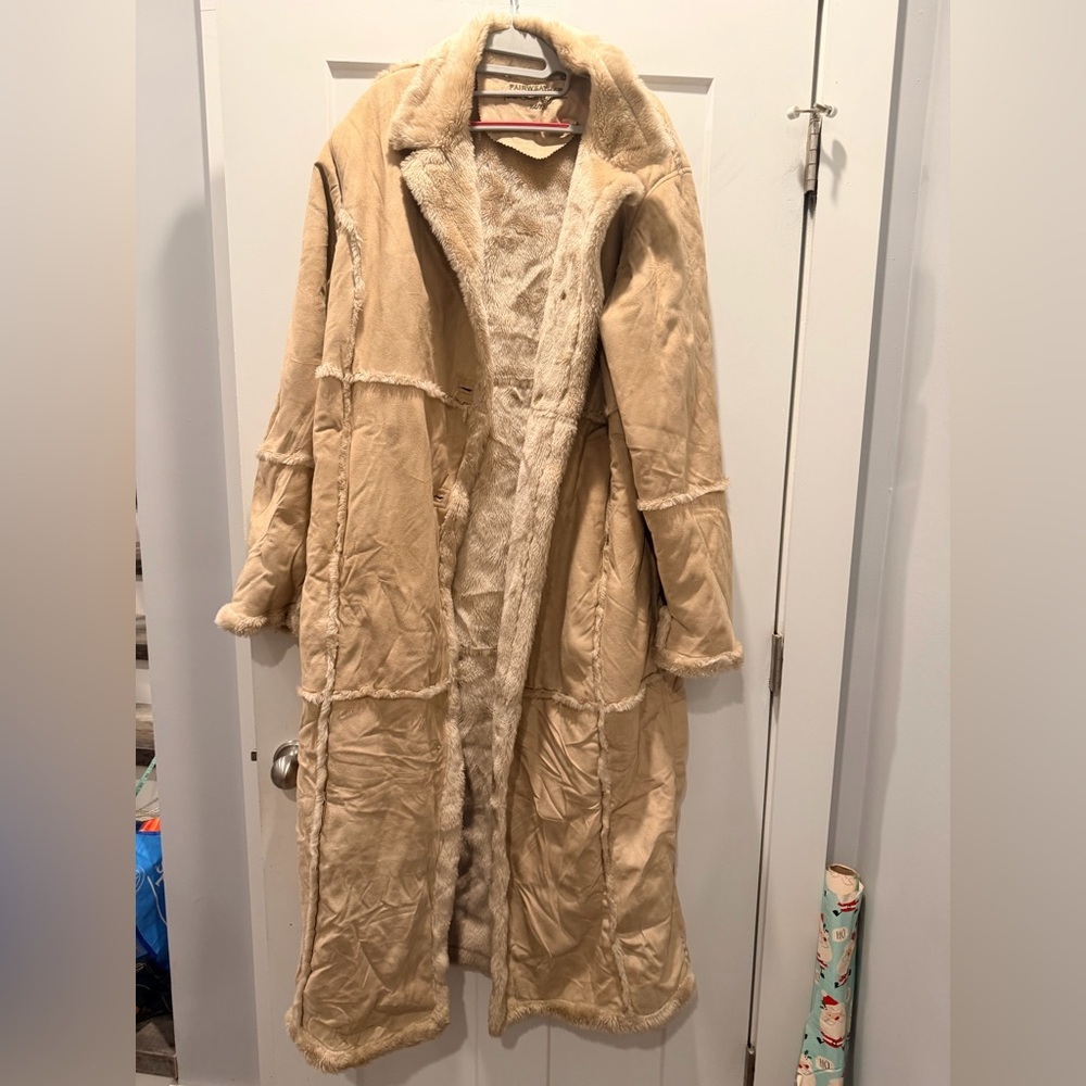 Fairweather Long Faux Suede Shearling Coat Beige | Plush Lined | Women’s XL